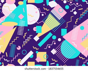 Patrón transparente con formas geométricas en el estilo de los años 80. Fondo vintage multicolor con triángulos, círculos y cuadrados para folletos, banners y papel de envoltura. Ilustración del vector