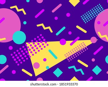 Seamless pattern with geometric shapes in the style of the 80s. Multicolored vintage background with triangles, circles and squares for brochures, banners and wrapping paper. Vector illustration