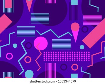 Seamless pattern with geometric shapes in the style of the 80s. Multicolored vintage background with triangles, circles and squares for brochures, banners and wrapping paper. Vector illustration