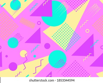 Seamless pattern with geometric shapes in the style of the 80s. Multicolored vintage background with triangles, circles and squares for brochures, banners and wrapping paper. Vector illustration