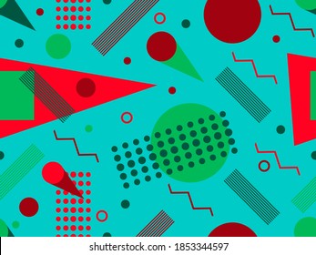 Seamless pattern with geometric shapes in the style of the 80s. Multicolored vintage background with triangles, circles and squares for brochures, banners and wrapping paper. Vector illustration