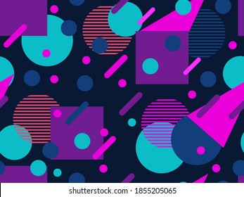 Seamless pattern with geometric shapes in the style of the 80s. Multicolored vintage background with triangles, circles and squares for brochures, banners and wrapping paper. Vector illustration
