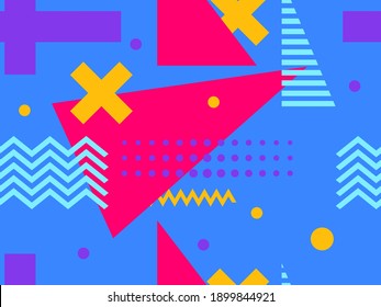 Patrón transparente con formas geométricas en el estilo de los años 80. Fondo retro de moda para imprimir en papel, materiales publicitarios y tela. Ilustración del vector