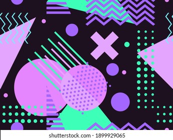 Nahtloses Muster mit geometrischen Formen im Stil der 80er Jahre. Trendy Retro Hintergrund für den Druck auf Papier, Werbematerialien und Stoff. Vektorgrafik