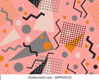Patrón transparente con formas geométricas en el estilo de los años 80. Fondo retro de moda para imprimir en papel, materiales publicitarios y tela. Ilustración del vector