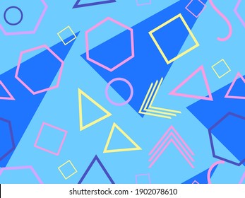 Patrón transparente con formas geométricas en el estilo de los años 80. Fondo retro de moda para imprimir en papel, materiales publicitarios y tela. Ilustración del vector