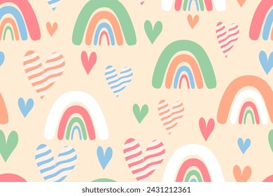 seamless pattern with geometric and shapes. shapes such as rainbow, hearts, wave.	