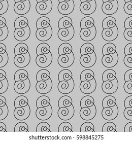 Seamless pattern with geometric shapes and symbols. Spiral of swirling lines.