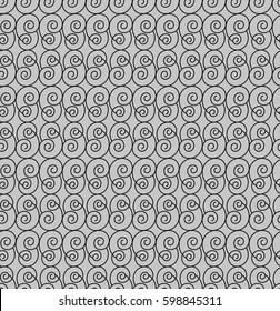 Seamless pattern with geometric shapes and symbols. Spiral of swirling lines. Vector texture or background pattern.