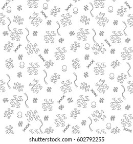 
Seamless pattern with geometric shapes and symbols. Abstraction, curved lines, circles on a white background.  Vector texture or background pattern.