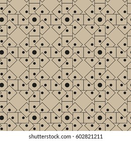 Seamless pattern with geometric shapes and symbols. Abstraction, squares, circles of black on a brown  background.  Vector texture or background pattern.