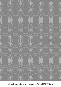 Seamless pattern with geometric shapes and symbols. Sun and rays, rings on a gray background.Vector texture or background pattern.