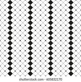 Seamless pattern with geometric shapes and symbols. White and black rhombuses, cells on a gray background.Vector texture or background pattern.