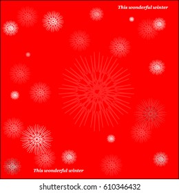 Seamless pattern with geometric shapes and symbols.  Snowflakes on a red background.Vector texture or background pattern.