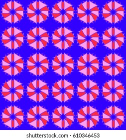 Seamless pattern with geometric shapes and symbols.Pink circles on a blue background.  Vector texture or background pattern.