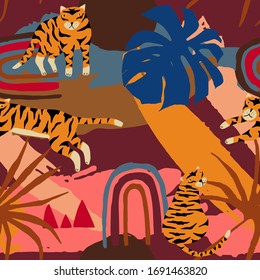 Seamless pattern with geometric shapes  and tigers on wine background. Abstraction bright colorful  print. Modern style. Abstract contemporary  trendy vector illustration 