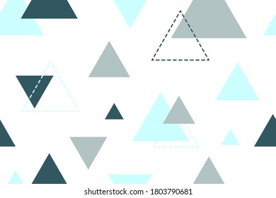Seamless pattern of geometric shapes of triangles in blue, gray and blue colors on a white background. Scandinavian style background. Vector illustration of scandi