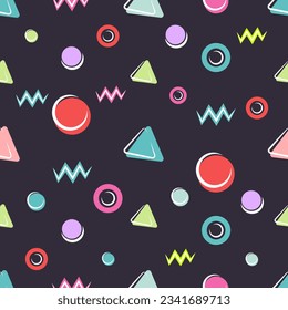 Seamless pattern of geometric shapes of triangles, circles, zigzags on a dark background. Vector illustration for design, print, wrapping paper, wallpaper, textile.
