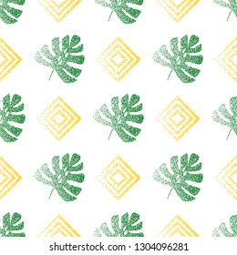 Seamless pattern with geometric shapes and tropical leaves