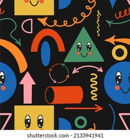 Patrón transparente de formas geométricas y varias flechas, colores brillantes. Diseño plano, ilustración vectorial, dibujo a mano.
