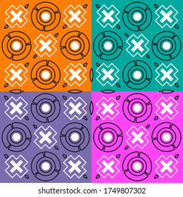 Nahtloses Muster mit geometrischen Formen, weißen Kreuzen und einem abwechslungsreichen Hintergrund. Vektorgrafik