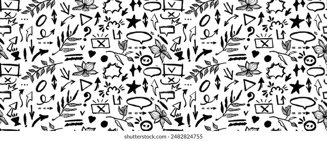Seamless pattern with geometric shapes. White background with geometric figures like circles, arrows, triangles,  branches, squares and wavy lines. Abstract vector seamless pattern.