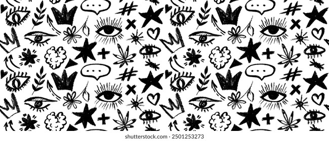 Seamless pattern with geometric shapes. White background with geometric figures like circles, arrows, hashteg,flower, eyes, crown, branches, squares and wavy lines. Abstract vector seamless pattern.