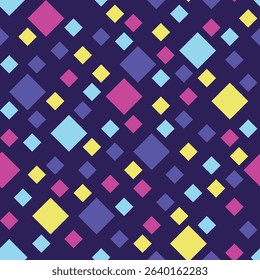 Seamless pattern with geometric simple shapes in retro colors, pink, blue, yellow, purple diamonds on dark purple background, 5 colors. Could be used as texture, print, wallpaper, textile, paper.