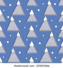 Seamless pattern with geometric snowy mountains and stars. Blue and white nature illustration. Cute baby shower mountains background. Child drawing style. Winter travel concept.