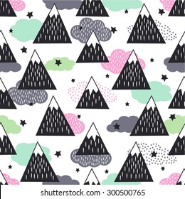 Seamless pattern with geometric snowy mountains, clouds and stars. Graphic nature illustration. Abstract mountains background.