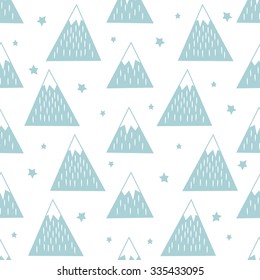 Seamless pattern with geometric snowy mountains and stars. Simple nature illustration. Cute mountains background.