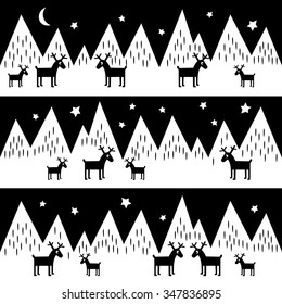 Seamless pattern with geometric snowy mountains and reindeers. Black and white nature illustration. Cute mountains background. Polar night winter pattern