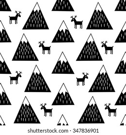 Seamless pattern with geometric snowy mountains and reindeers. Black and white nature illustration. Cute winter mountains background.