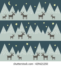 Seamless pattern with geometric snowy mountains and reindeers. Nature illustration. Mountains background. Polar night winter. Design for book cover, poster, card, textile, print on baby's clothes, 