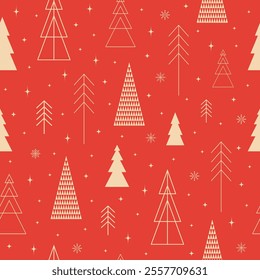 Seamless Pattern with Geometric Spruce Trees in Scandinavian Style on Red Background. Vector Background for Christmas Cards, Greeting Cards 