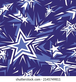 Nahtloses Muster mit geometrischen Sternen. Abstrakter, zeitgenössischer Hintergrund für Stoff- und Modedruck. Vektorgrafik.