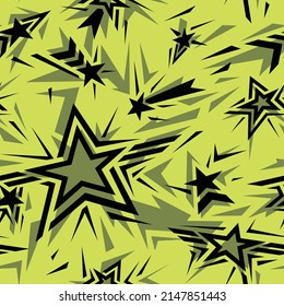 Nahtloses Muster mit geometrischen Sternen. Abstrakter, zeitgenössischer Hintergrund für Stoff- und Modedruck. Vektorgrafik.