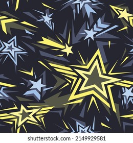Patrón sin foco con estrellas geométricas. Resumen de fondo moderno e interminable para tela y estampado de moda. Ilustración vectorial.