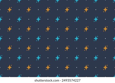 Seamless pattern of geometric stars in blue and orange colors on dark background