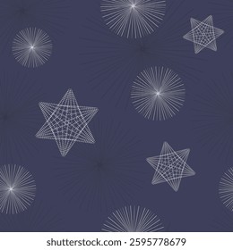 A seamless pattern with geometric stars and radiating bursts on a deep navy background, creating a celestial, futuristic, and modern abstract design