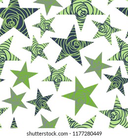 Seamless pattern of geometric stars with rose pattern inside.