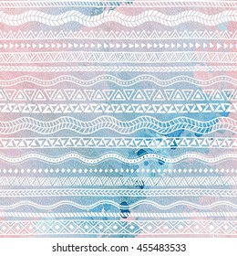 Seamless pattern. Geometric strip. Ethnic and tribal motifs. Watercolor texture. Rose quartz, blue and white colors. Vector illustration.