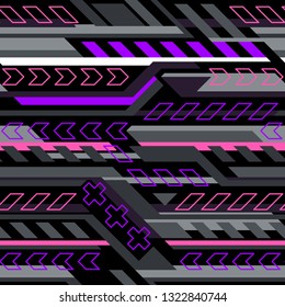 Seamless pattern with geometric stripes ornament. Abstract modern texture. Racing background for vinyl wrap and decals. Grunge neon style. Vector illustration.