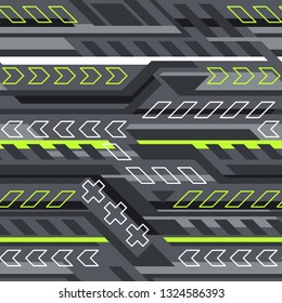 Seamless pattern with geometric stripes ornament. Abstract modern texture. Racing background for vinyl wrap and decals. Grunge neon style. Vector illustration.