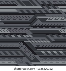 Patrón transparente con rayas geométricas adornadas. Textura moderna abstracta. Antecedentes de carreras para envolver y calcomanías de vinilo. Estilo gris monocromo. Ilustración vectorial.
