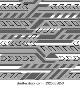Seamless pattern with geometric stripes ornament. Abstract modern texture. Racing background for vinyl wrap and decals. Monochrome grey style. Vector illustration.