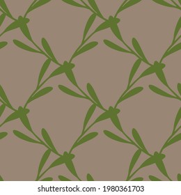Seamless pattern in geometric style with green leaves minimalistic branches shapes. Grey background. Vector illustration for seasonal textile prints, fabric, banners, backdrops and wallpapers.