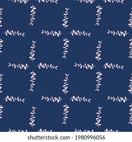 Seamless pattern in geometric style with hand drawn eucalyptus branches. Navy blue background. Graphic design for wrapping paper and fabric textures. Vector Illustration.