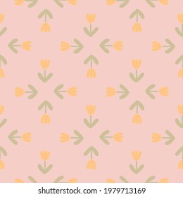 Seamless pattern in geometric style with yellow little simple tulips silhouettes. Pink pastel background. Flat vector print for textile, fabric, giftwrap, wallpapers. Endless illustration.