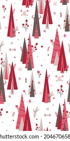 Seamless pattern with geometric, stylized fir trees with floral, star and doodle line ornaments. Pink spruce, branch with foliage and moon. Vector gentle natural texture for wallpaper and fabric